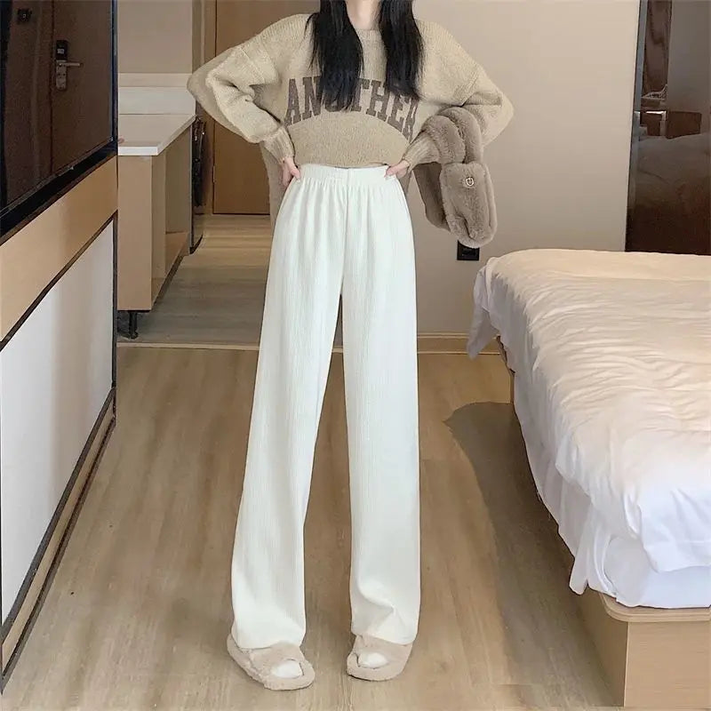 Women Autumn Winter Wide-Leg Pants High-Waist Casual Drape Loose Straight Pants Fleece Elastic Waist Fashion Mopping Pants