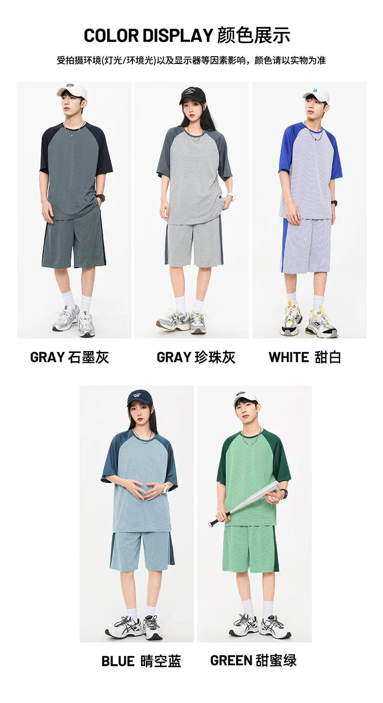 Oversized Summer Breathable Mesh Men Set Couple Outfit Patchwork Casual Women Short Sleeve Wide Leg Shorts Tracksuit 2pcs Set