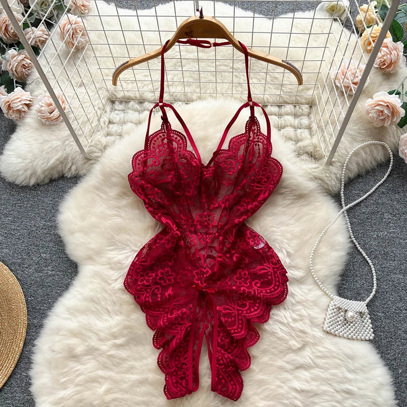 CHILLGIO Sexy Floral Lace Strappy Rompers Women Transparent Erotic Tight Combination Catsuits Club One Piece Backless Bodysuits