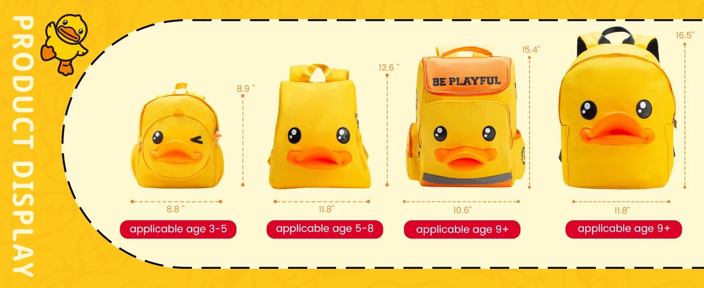 B.Duck Kids Backpack for Boys Girls Preschool Bookbags 3D Cartoon Yellow Duck Daycare Toddler Bags