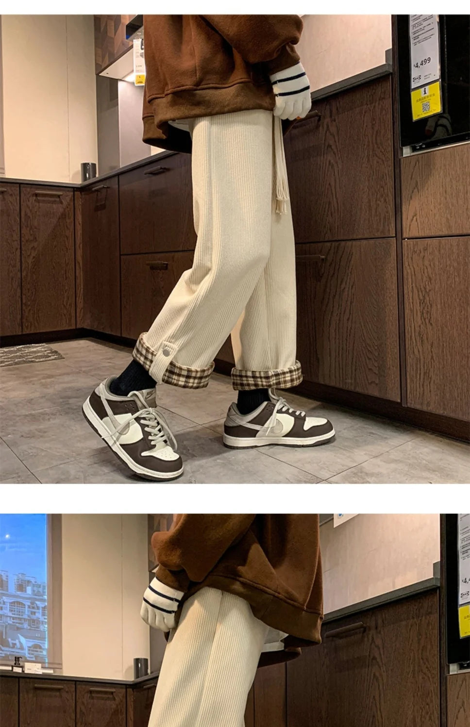 Men's Casual Pants Autumn Winter Warm Straight Corduroy Fleece Trousers Lattice Casual Waist Harajuku Loose Wide Leg Pants