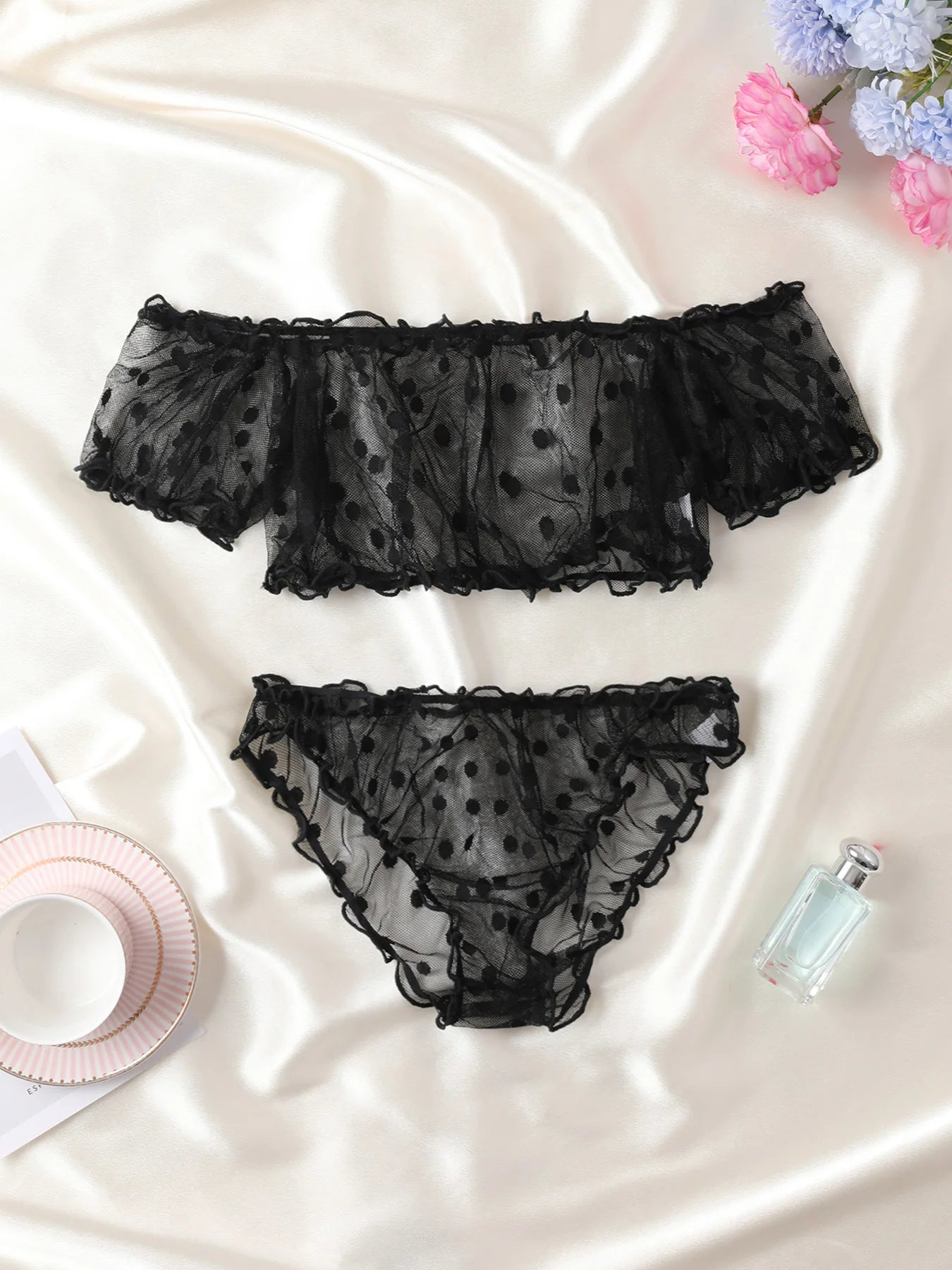 Polka Dot Pattern Semi-sheer Design Lingerie Set Bustier Top  And Panty Sets Women's Sexy Clothing