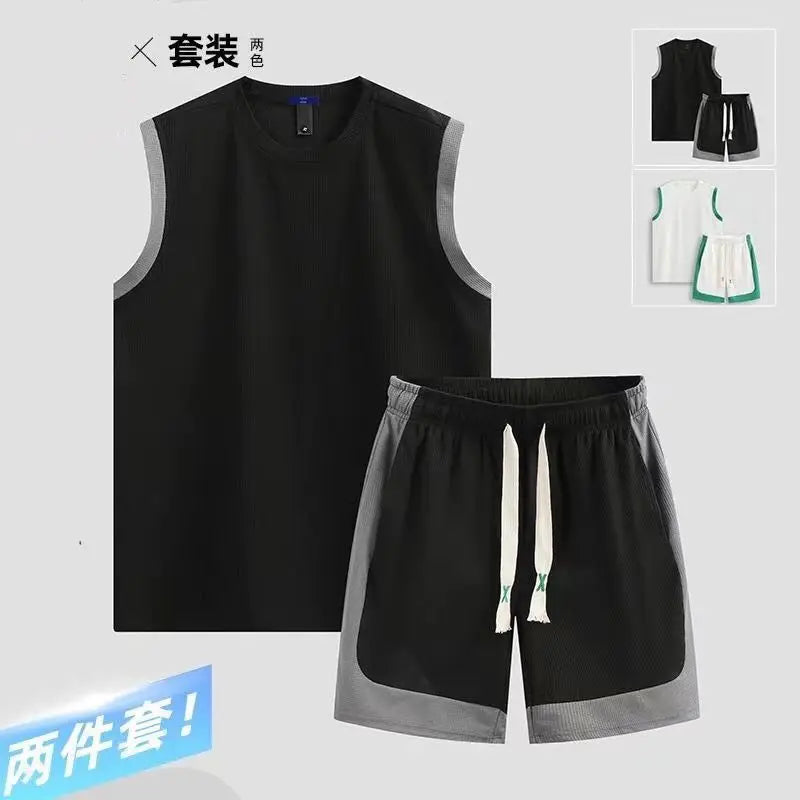 2 pcs Suit Summer Sleeveless Vest Sports Shorts Set Patchwork Casual Basketball Sportwears Breathable Loose Training Shorts Set