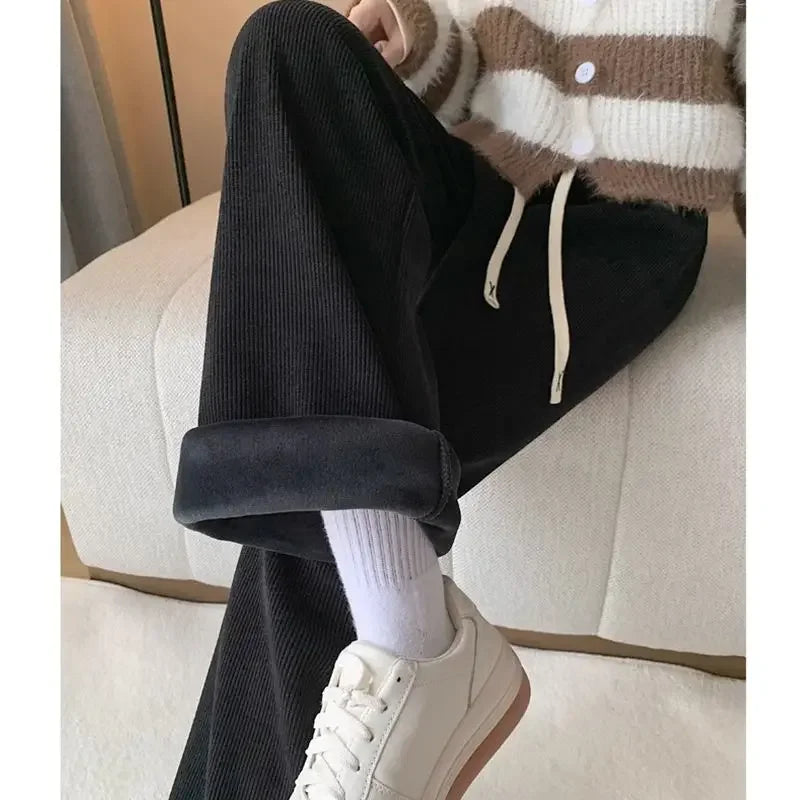 Women Keep Warm Thickened Corduroy Trousers Wide Leg Sweatpants Winter Straight Pant High Waist Warm Loose Simple Lamb Trousers