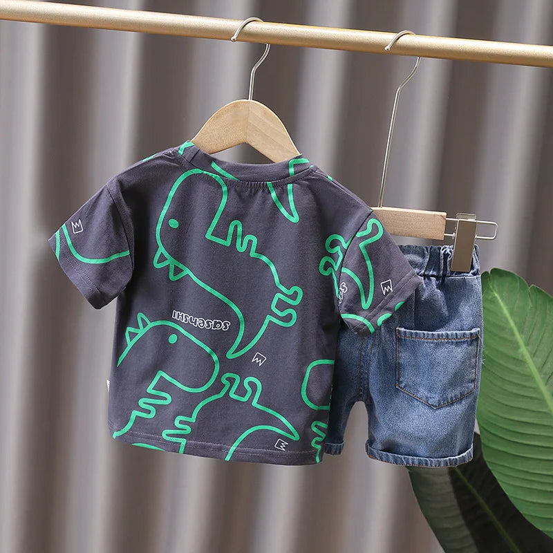 Summer Baby Boys Clothing Suits Childrens Set Dinosaur Print Tshirt+Denim Shorts 2 Pcs/sets Fashion  Children'clothes