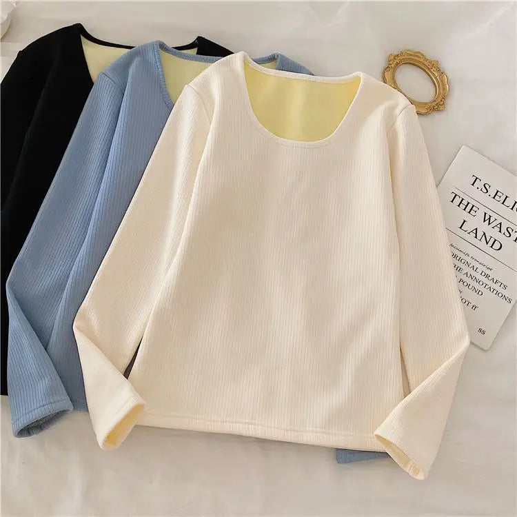 Warm O Neck Long Sleeve Tops Winter Women T Shirts Thread Casual Slim Solid Color Simple Add Fleece and Thicken T-Shirts