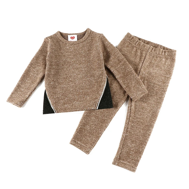 Baby and kids top & pants winter ribbed cotton outfit family matching clothes girls clothing side zipper long sleeve sweater