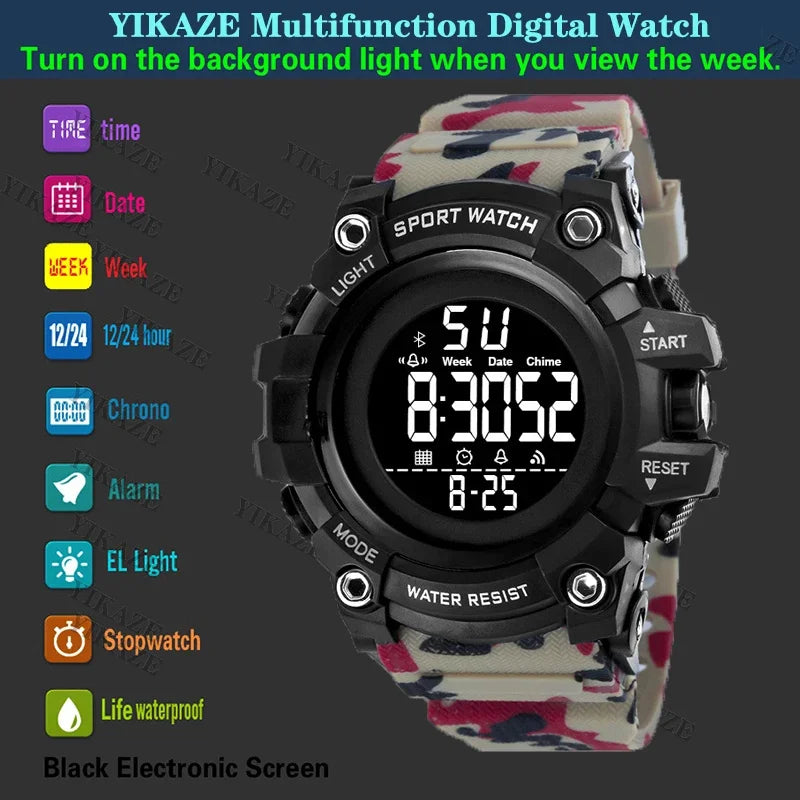 YIKAZE Men's Sport Watch Multifunction Military Sports Men Watch Clock Big Dial Digital watches Waterproof Electronic Wristwatch