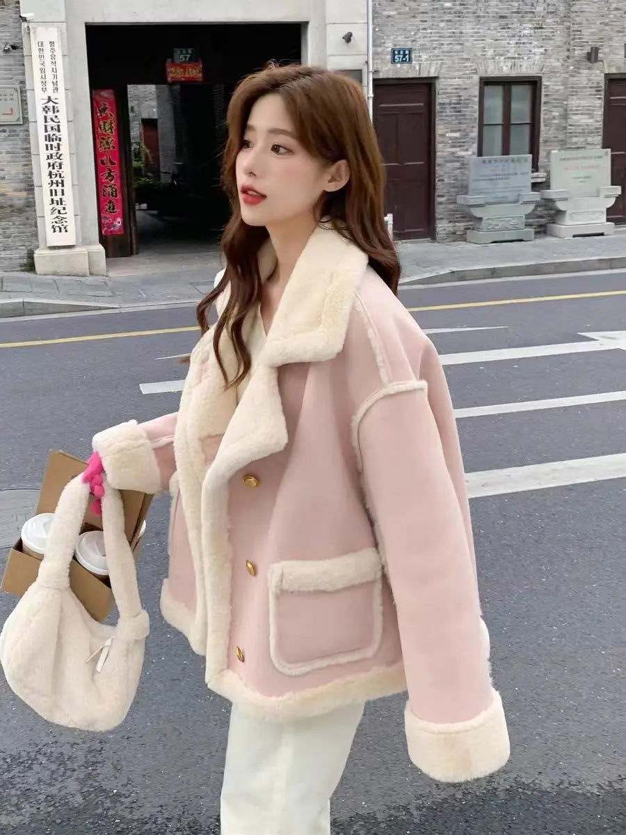 Vintage Thickened Locomotive Women Jacket Long Sleeve Warm Lamb Wool Casual Chic Coat Loose Contrasting Colour Motorcycle Coat