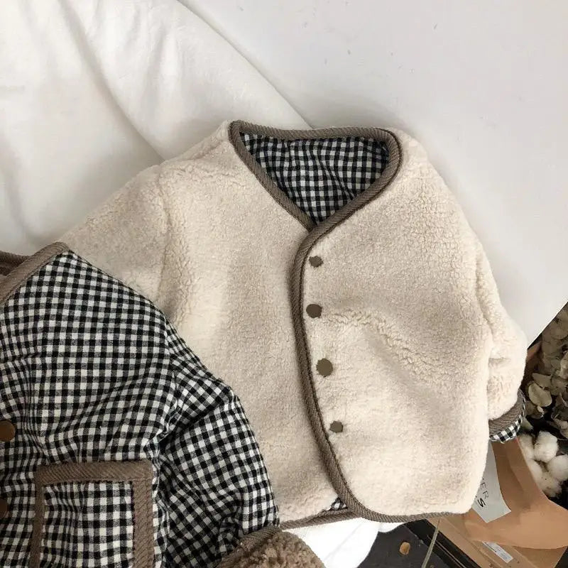 New Children's Plaid Plush Coat Autumn and Winter New Warm Coat Children on Both Sides Wear Coat Boy's and Girls' Clothing