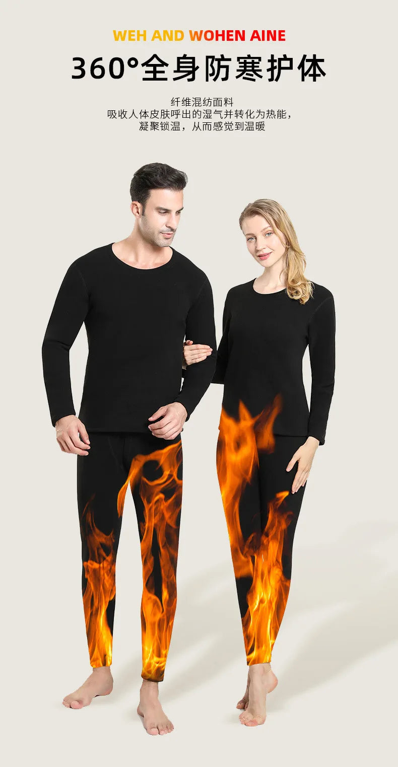 Couple Winter Solid Color Thermal Underwear Sets Soft Thicken Fleece-lined Warm Cold-proof Long Johns Top & Bottom 2 Piece Set