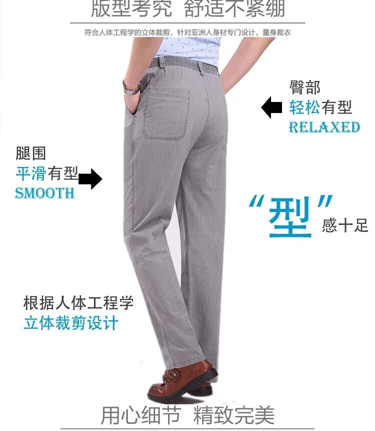 Mens Cotton Linen Long Pants Summer Elastic Waist Trousers Solid Breathable High Waist Loose Leisure Resort Thin Straight Pants