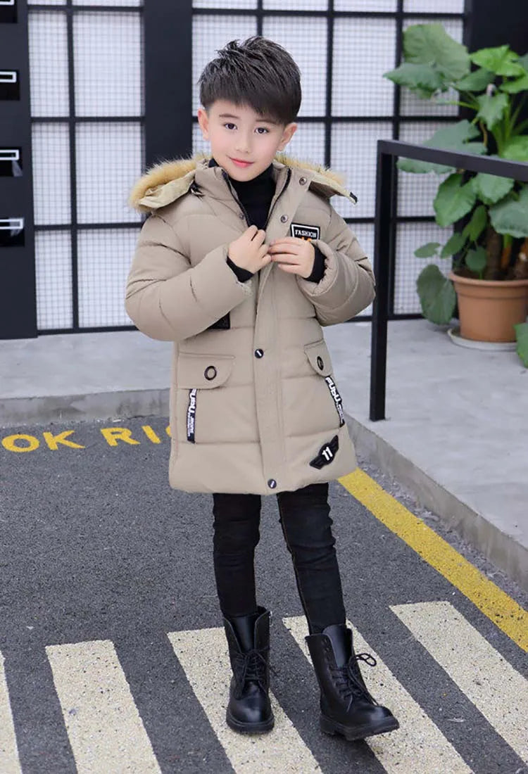 Boys Long Jacket Coat Overcoat Cotton 2024 Blue Black Khaki Warm Thicken Winter Plus Size Children's Clothing