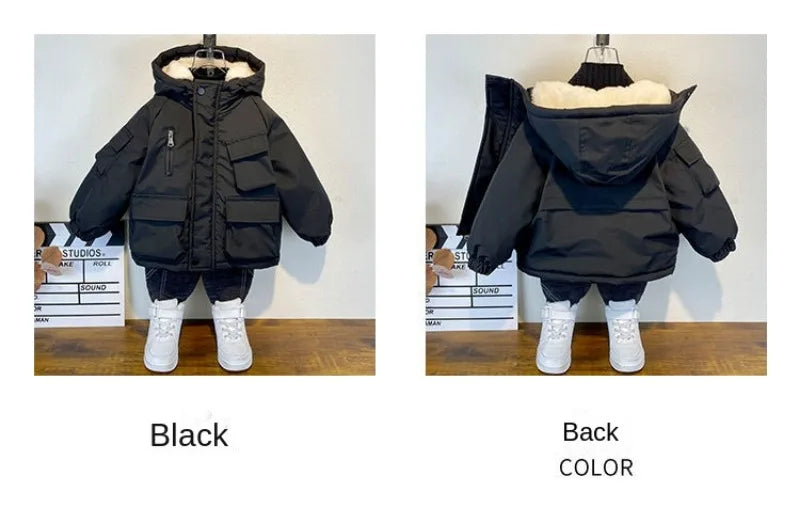 2023 Winter Boys Jacket Children Clothing Keep Warm Cotton Thicken Coats Kids Zipper Hooded Outerwear Plus Velvet Jackets