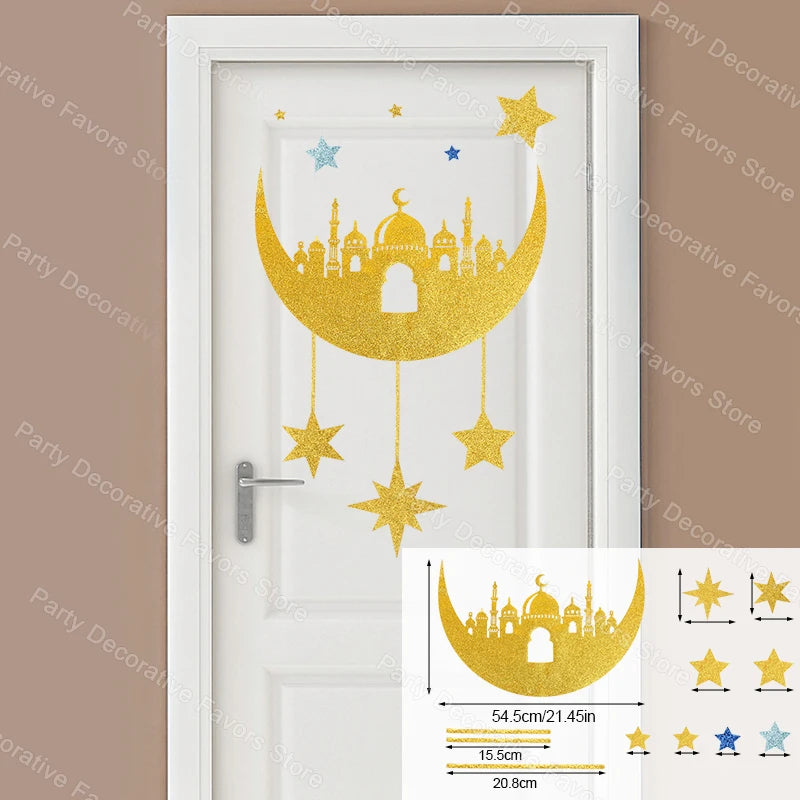 2025 Eid Mubarak Wall Sticker Room Door DIY Decals Ramadan Kareem Home Decoration Moon Star Window Sticker Islamic Muslim Party