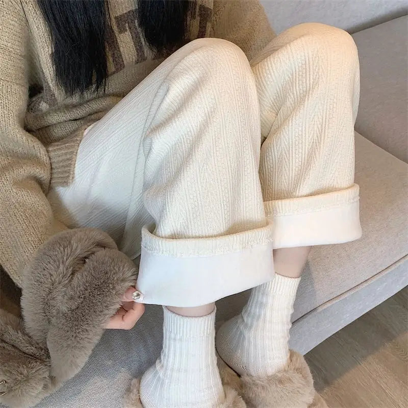 Women Autumn Winter Wide-Leg Pants High-Waist Casual Drape Loose Straight Pants Fleece Elastic Waist Fashion Mopping Pants