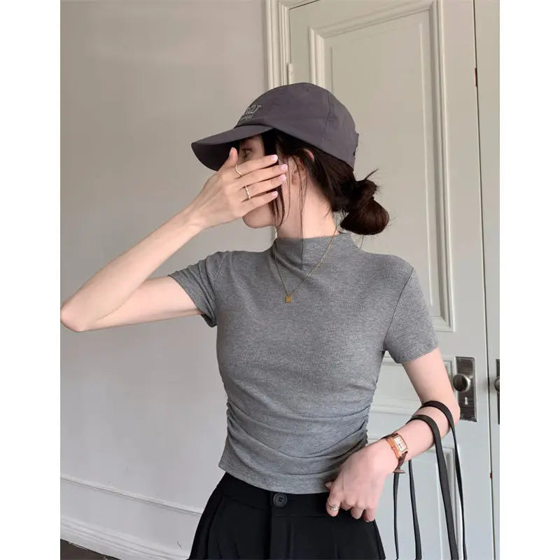 Fashion Women's Short T-shirt middle collar Slim fit Short Sleeve Casual Tee Tight Folds Wild High Waist Workout Yoga Tops