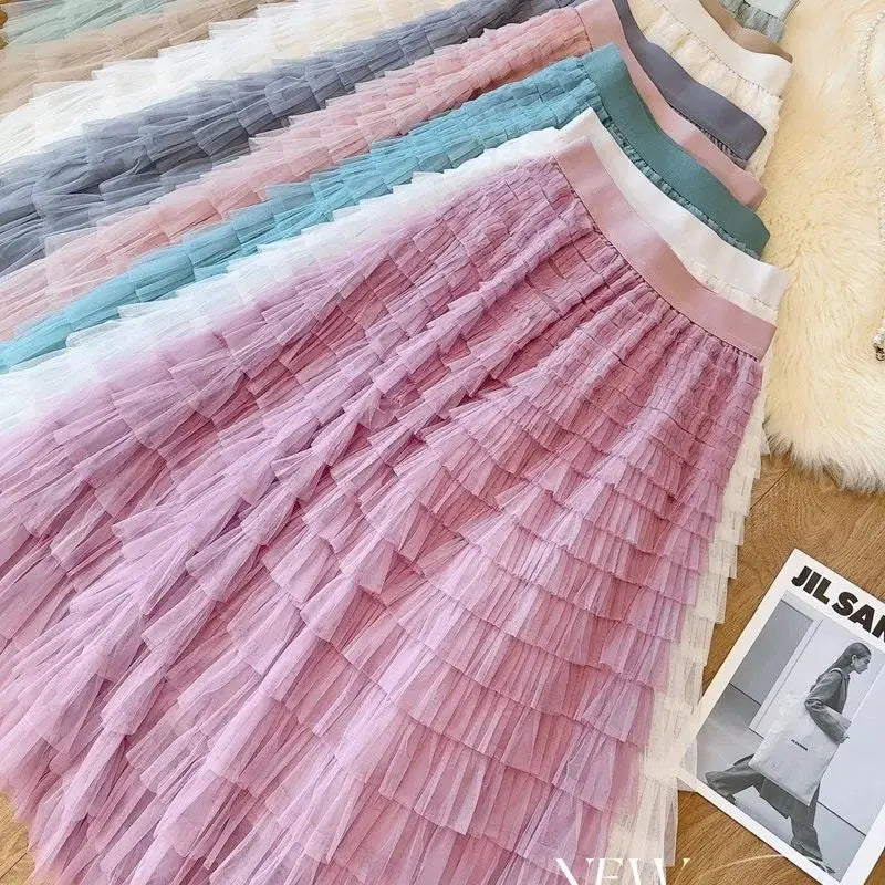 Mid Long Tulle Skirt for Women Trendy HighElastic Waisted A Line Fluffy Fairy Mesh Layered Ruffle Skirt Gifts for Girls