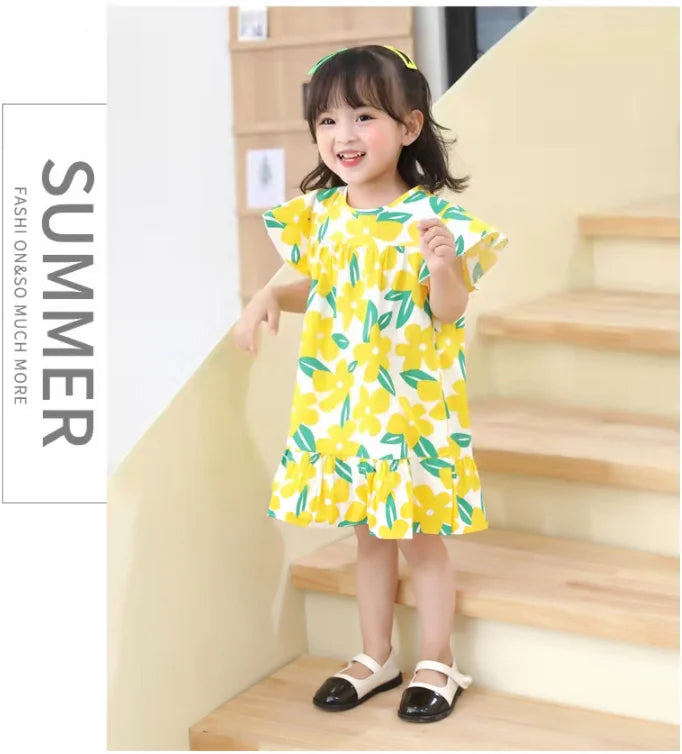 Girl Dresses100% Cotton Children's Clothing Summer Kids Clothes Girls Party Princess Fashion Outfit Flower Pattern Beach Dresses