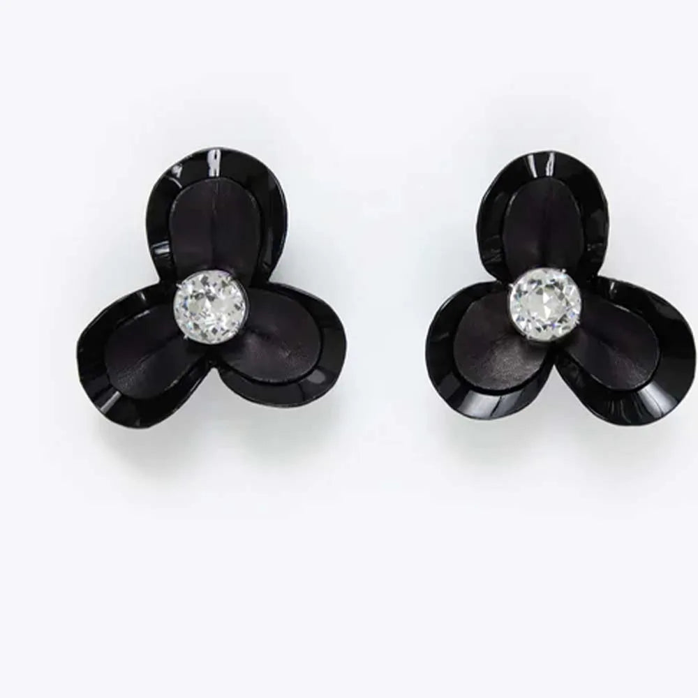 Stonefans Black Flower Ear Clip Without Piercing Jewellery for Girl Elegant Ear Cuff Wedding Earrings Luxury Designer 2024 Gifts