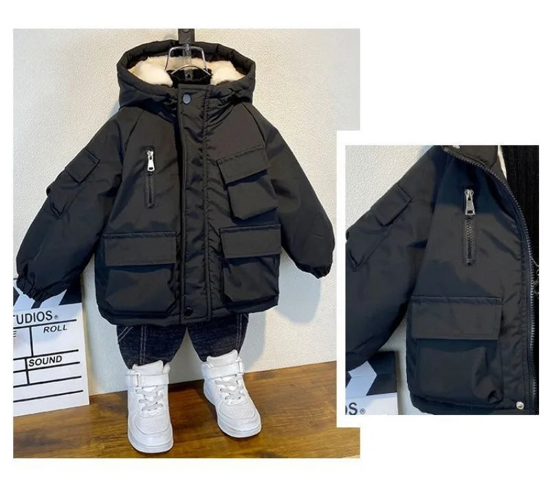 New Winter Down Cotton Jacket Boys Black Hooded Coat Children Outerwear Clothing Teenage 3-8Y Kids Parka Padded Snowsuit