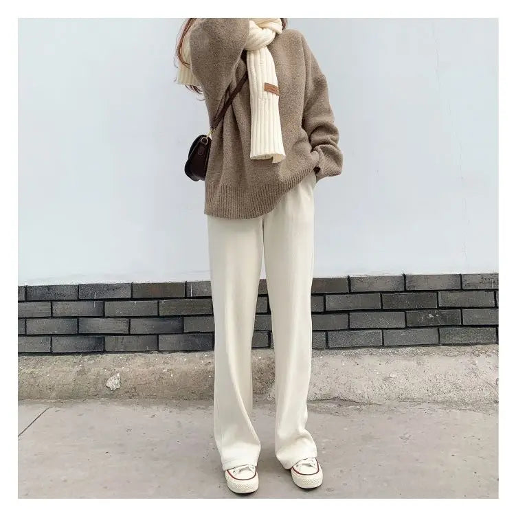 Winter Women Black Fleece Lined Wide Leg Pants Thicken Warm Baggy Drape Sweatpants High Waist Casual Corduroy Straight Pants