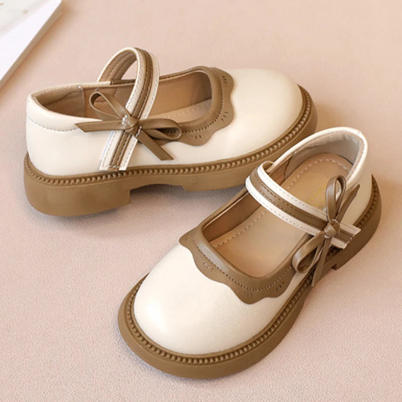 Autumn New Girl Leather Shoes Bowtie Black Beige School Causal Children Flat Elegant Round Toe Fashion Patchwork Kids Mary Janes