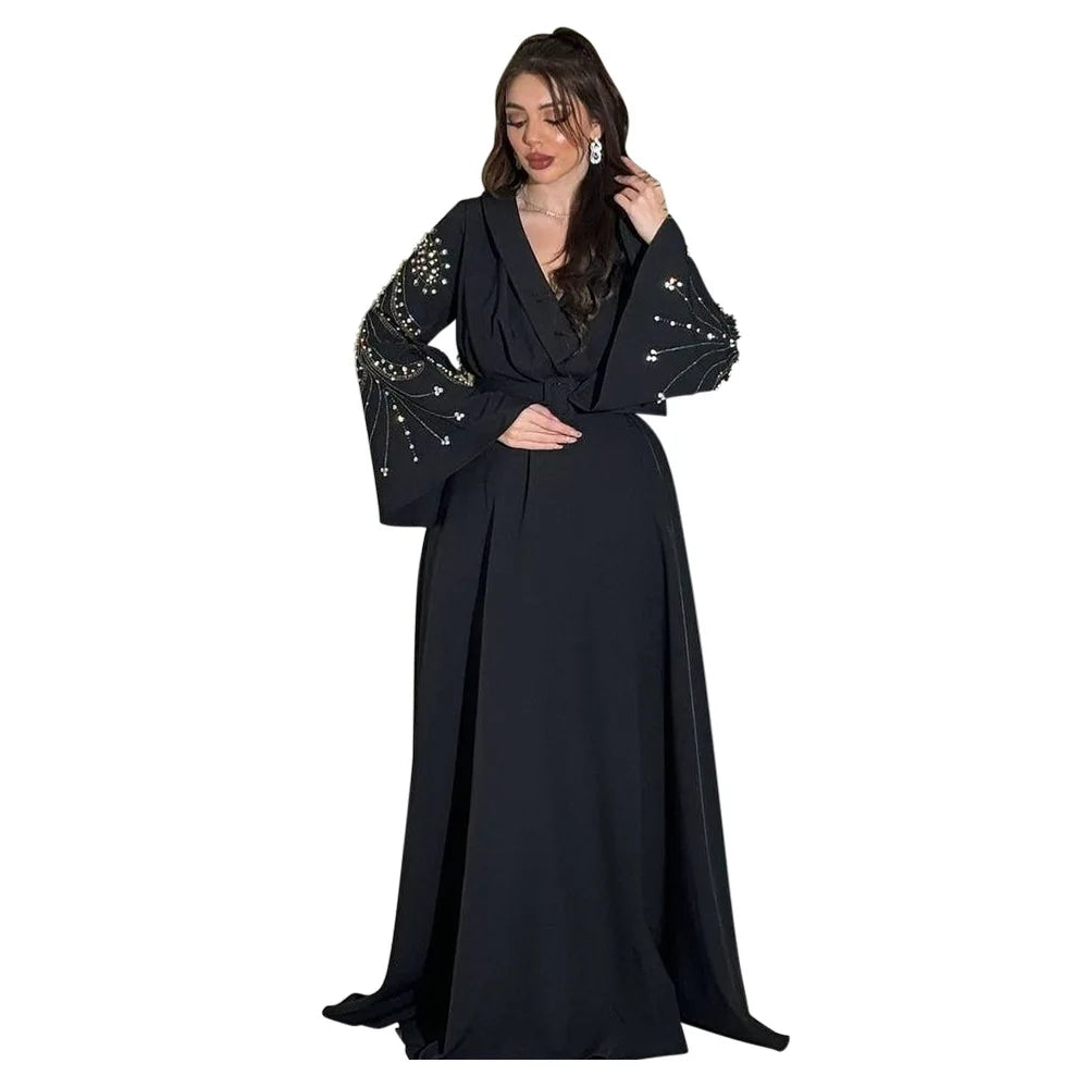 Abaya Dubai Islamic Dress for Woman Jalabiya Evening Party Fashion Diamonds Belted Shiny Muslim Turkish Clothing Lace Up Dresses