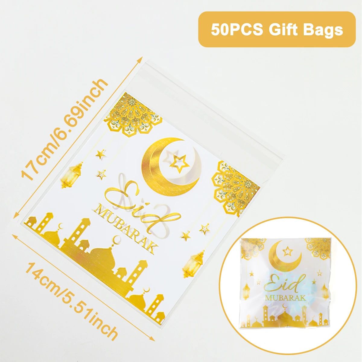 50pcs Eid Mubarak Gift Bags Plastic Bag Cookie Candy Ramadan Kareem Decoration 2024 Islamic Muslim Party Packaging Bag Pouch