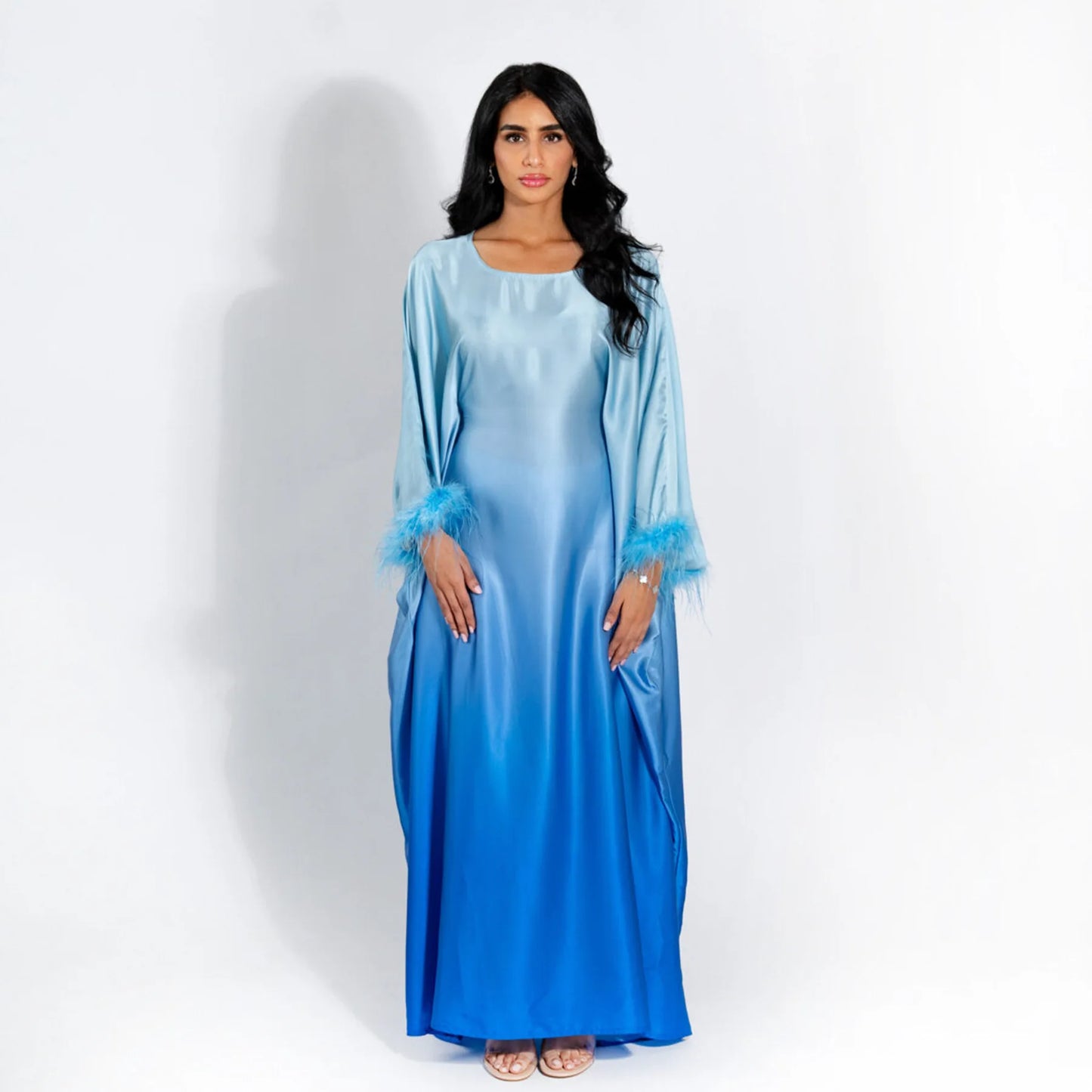 Gradient color feather batwing sleeves muslim abaya turkish dresses Dubai Luxury 2024 Islam Muslim Kaftan Modest Dress For Women