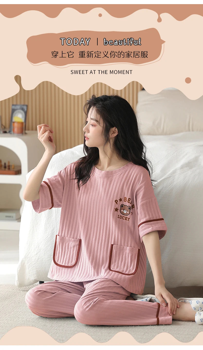 Big Size 5XL Pajama Sets Short Sleeved Cartoon Bear Knitted PJ Plaid Sleepwear Elegant Women's Pajamas Lounge Home Pijama Mujer