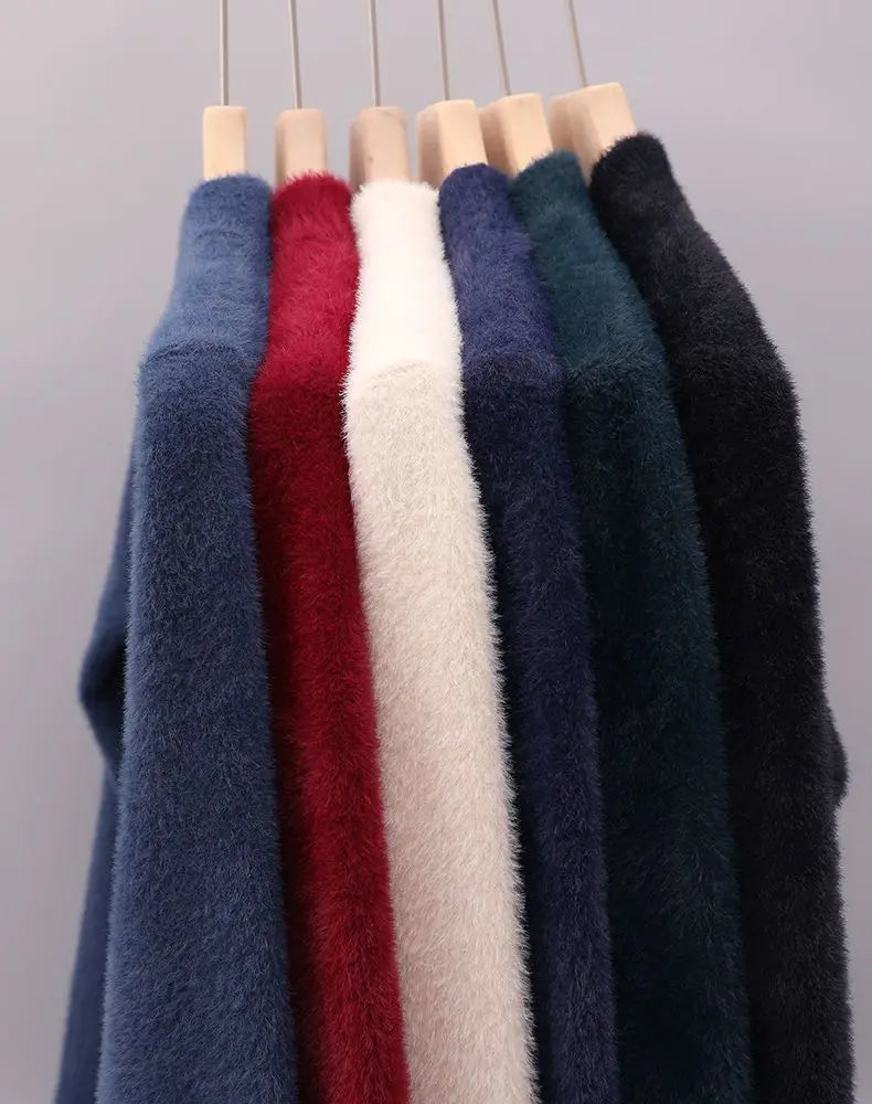 New Pullover Men Sweater Soft Warm Long Sleeve Mock Neck Solid Color Fine fleece Sweater Thicken Warm Loose Casual Sweaters