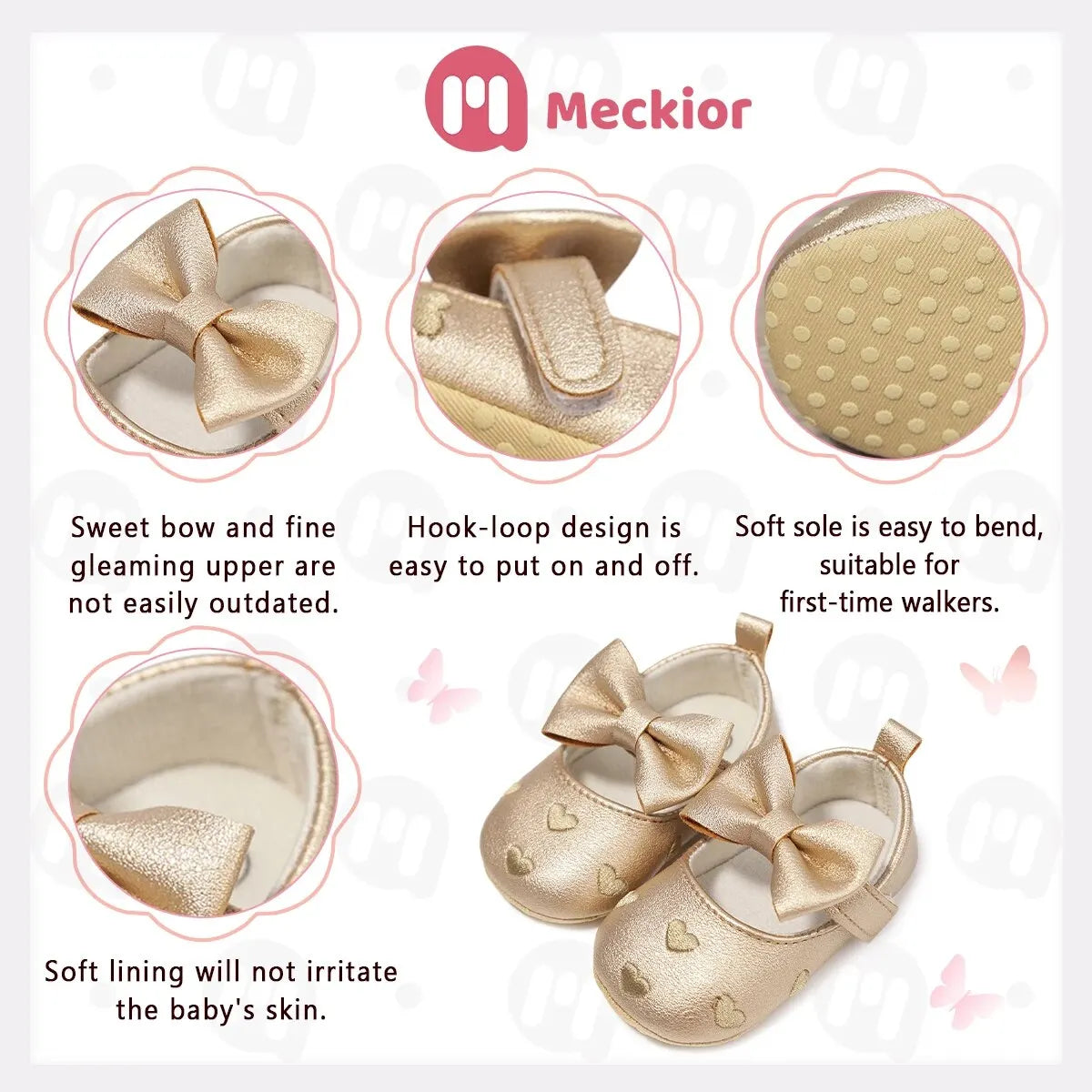 Meckior Baby Shoes Classic Dress Cute Bow-knot Heart Anti-slip Soft Sole First Walkers Infant Baby Girls Toddler Shoes 0-18m