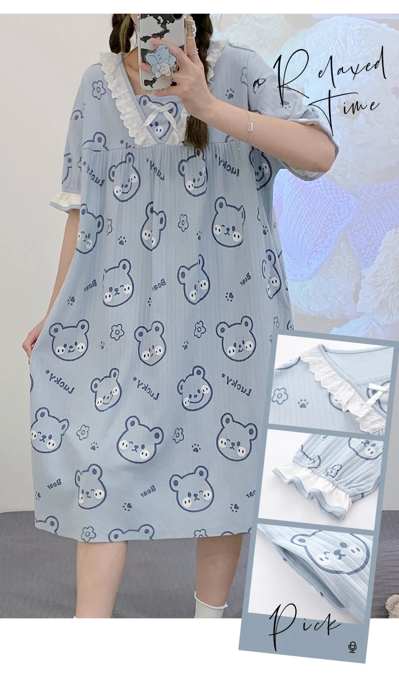 Summer New Knitted Cotton Kawaii Girls Checked Sleep Dress Women's Nightgowns Nighttie Sleepshirts Ladies Dresses Home Fashion