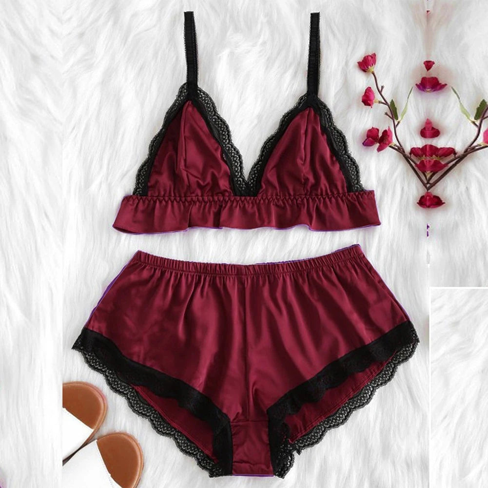 Women Lace Camisole Top Panties Sexy Satin Silk Sleepwear Set Top Shorts Nightwear Lingerie Pajamas Set Trikini Top Briefs Set