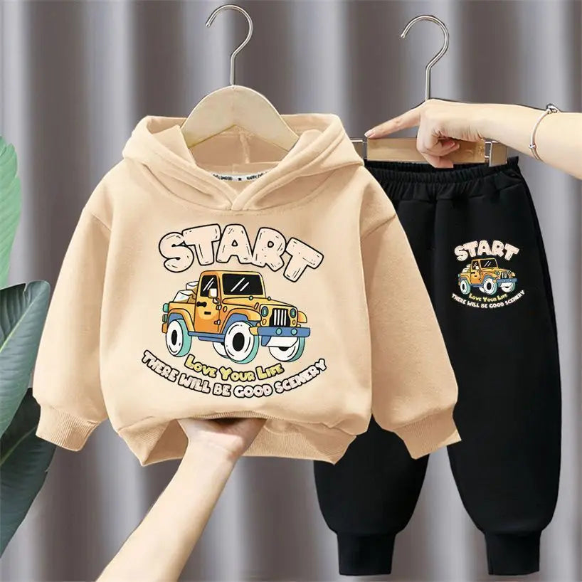 Spring Autumn Hooded Sweatshirt and Long Pant Two Piece Set for Children Pullover Sets Boys Tracksuit Kids Sport Clothing Suit