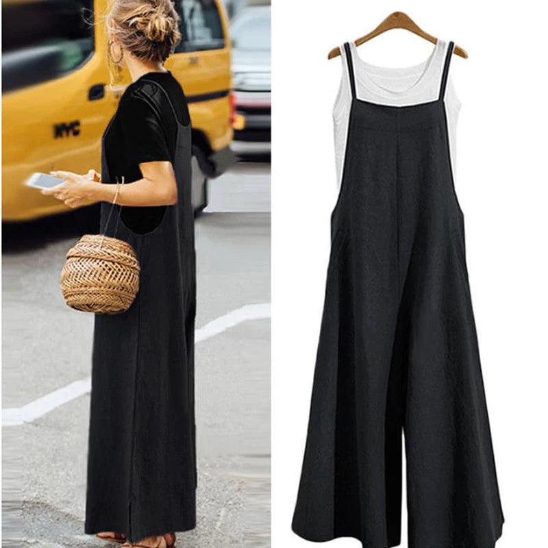 Women Straps Jumpsuit Summer Solid Color Wide Leg Pants Dungaree Bib Overalls Casual Loose Sleeveless Cotton Linen Jumpsuits 5Xl