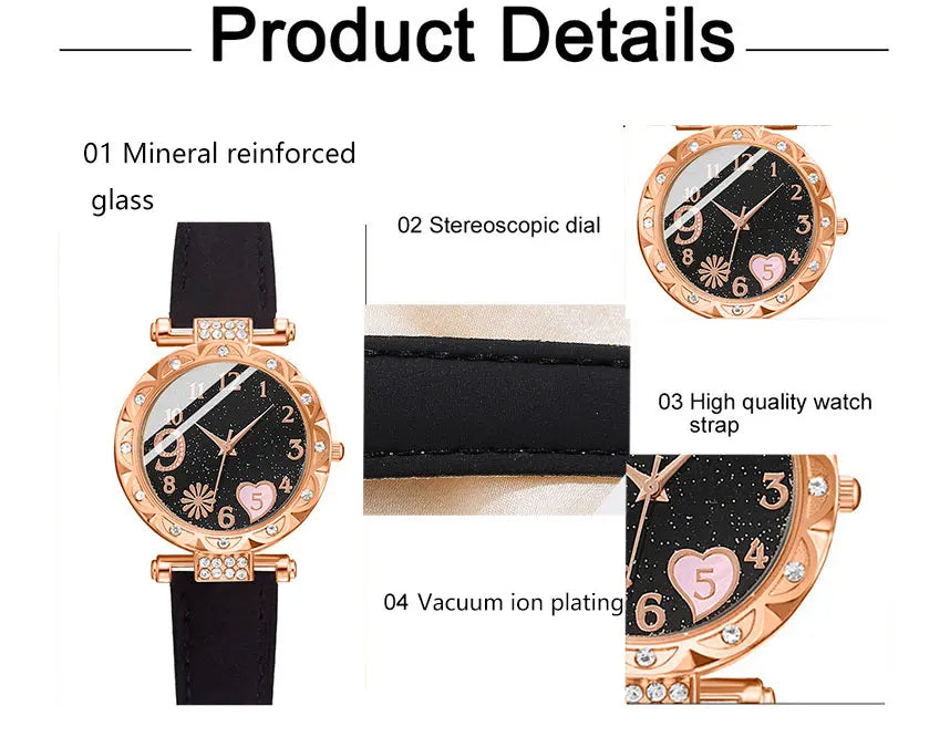 5PCS Set Watch For Women Luxury Leather Analog Ladies Quartz Wrist Watch Fashion Bracelet Watch Set Female Relogio Feminino