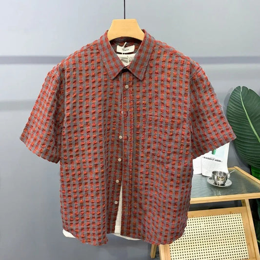 Red Plaid Short Sleeves Shirt Men 2024 Korea Handsome Hip-hop Fashion Streetwear Loose with Pocket Casual Shirt Men Clothing