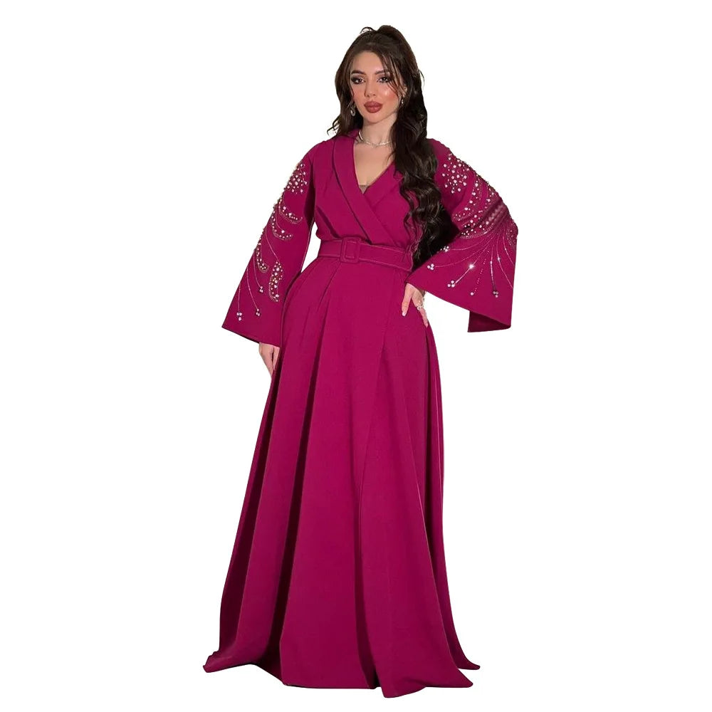 Abaya Dubai Islamic Dress for Woman Jalabiya Evening Party Fashion Diamonds Belted Shiny Muslim Turkish Clothing Lace Up Dresses