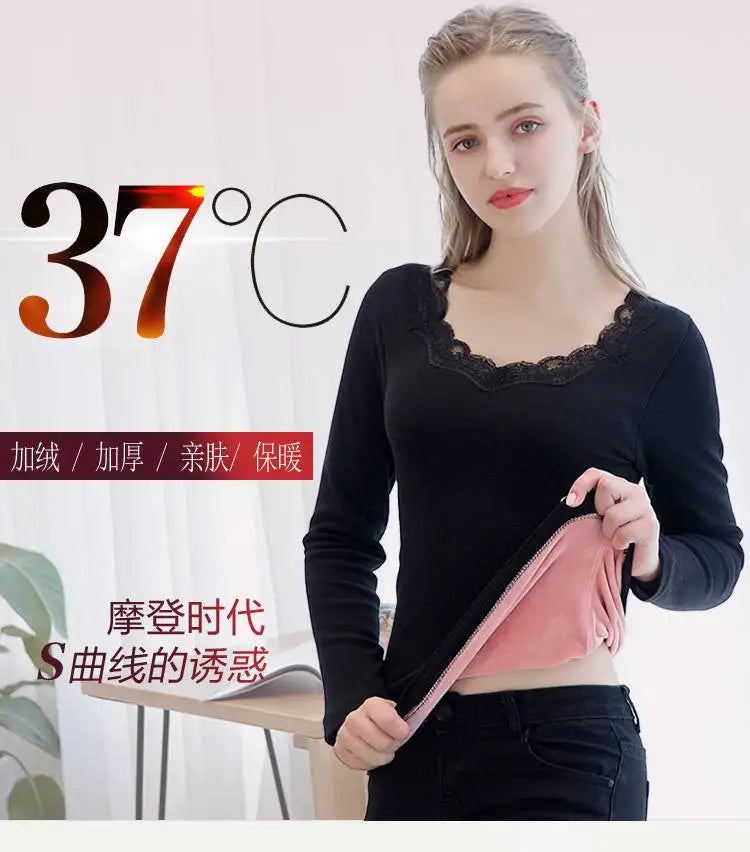 Women Winter Slim Fit Thermal T Shirt Thick Fleece Lace V-neck Solid Bottoming Shirt Thermal Underwear Long-sleeved Pullover Top