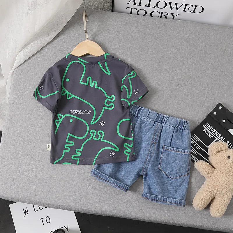 Summer Baby Boys Clothing Suits Childrens Set Dinosaur Print Tshirt+Denim Shorts 2 Pcs/sets Fashion  Children'clothes