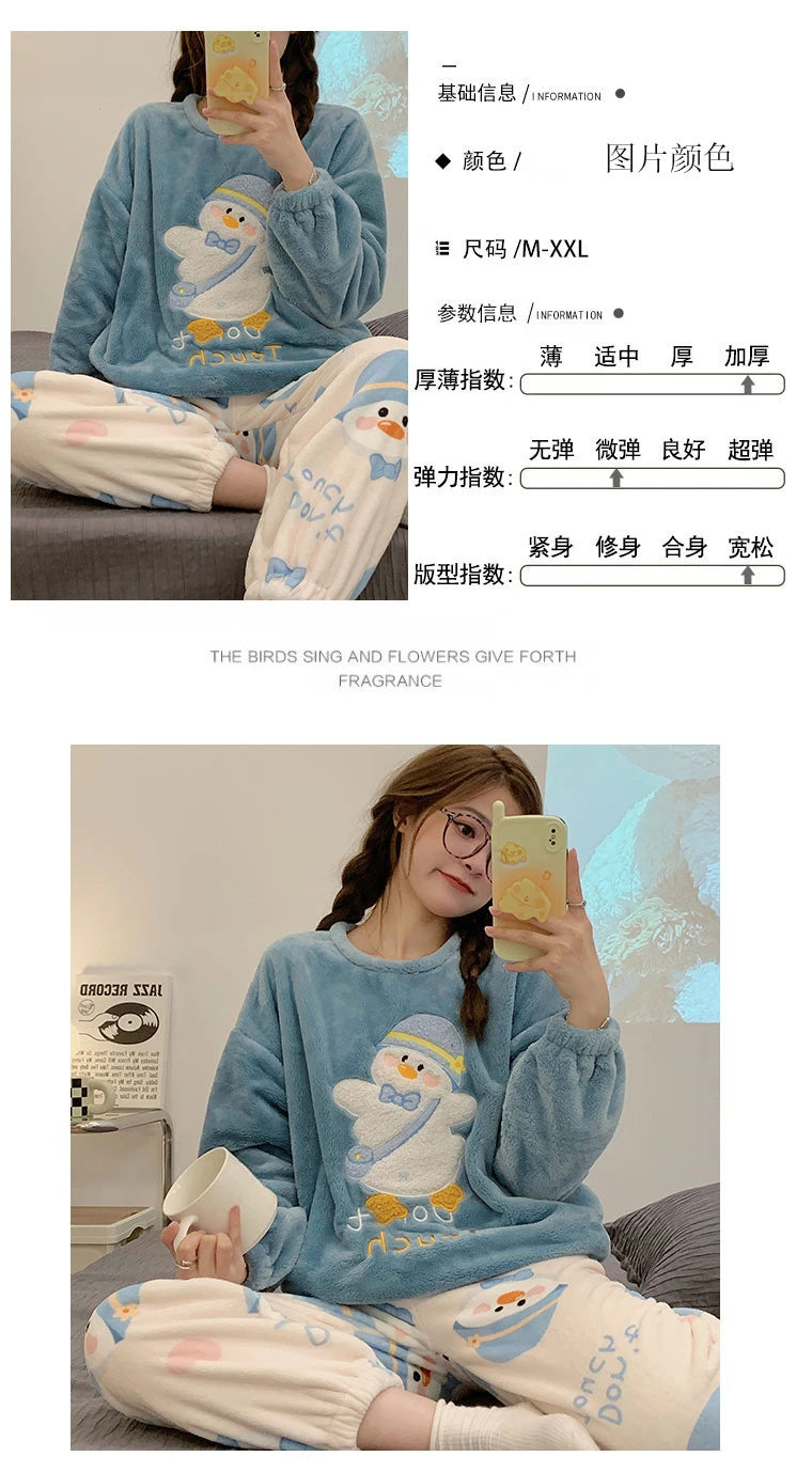 Autumn Winter Women's Pajamas Cute Cartoon Printed Sleepwear Casual Home Wear Set Girl Knitted Size M-3XL Pijamas Fashion Pyjama