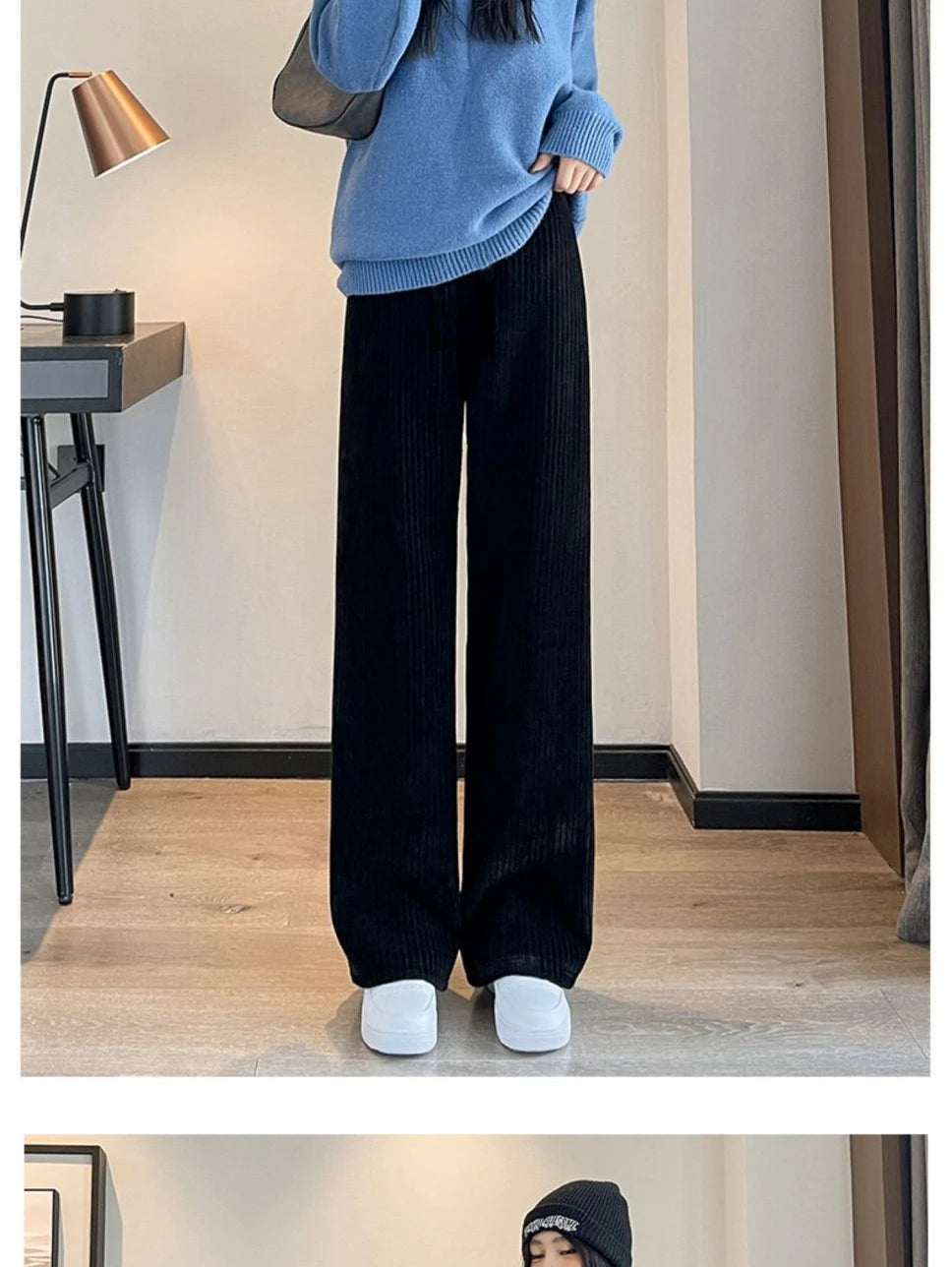 Women Winter Fleece Lined Wide Leg Pant Korean Warm Baggy Fashion Casual Corduroy Elastic Waist Stright High Waist Trousers