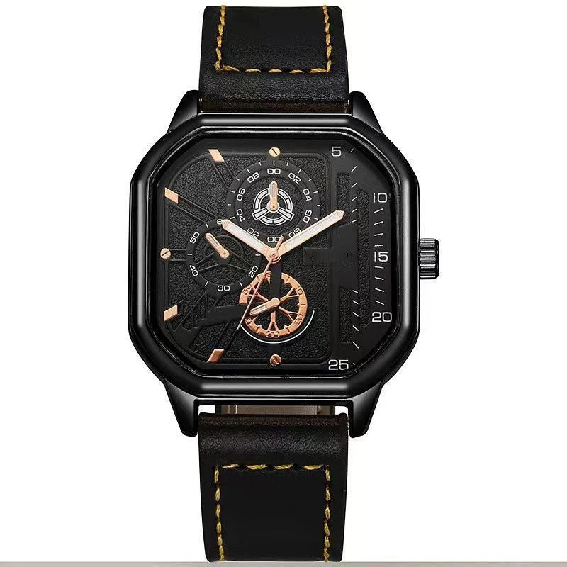 YIKAZE Alloy Men Quartz Watches Leather Strap Big Dial Student Square Sports Watch Cool Black Men's Watch Waterproof  Wristwatch