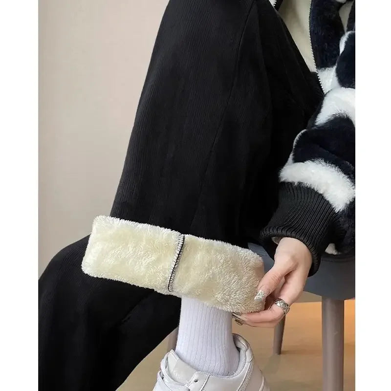 Women Keep Warm Thickened Corduroy Trousers Wide Leg Sweatpants Winter Straight Pant High Waist Warm Loose Simple Lamb Trousers