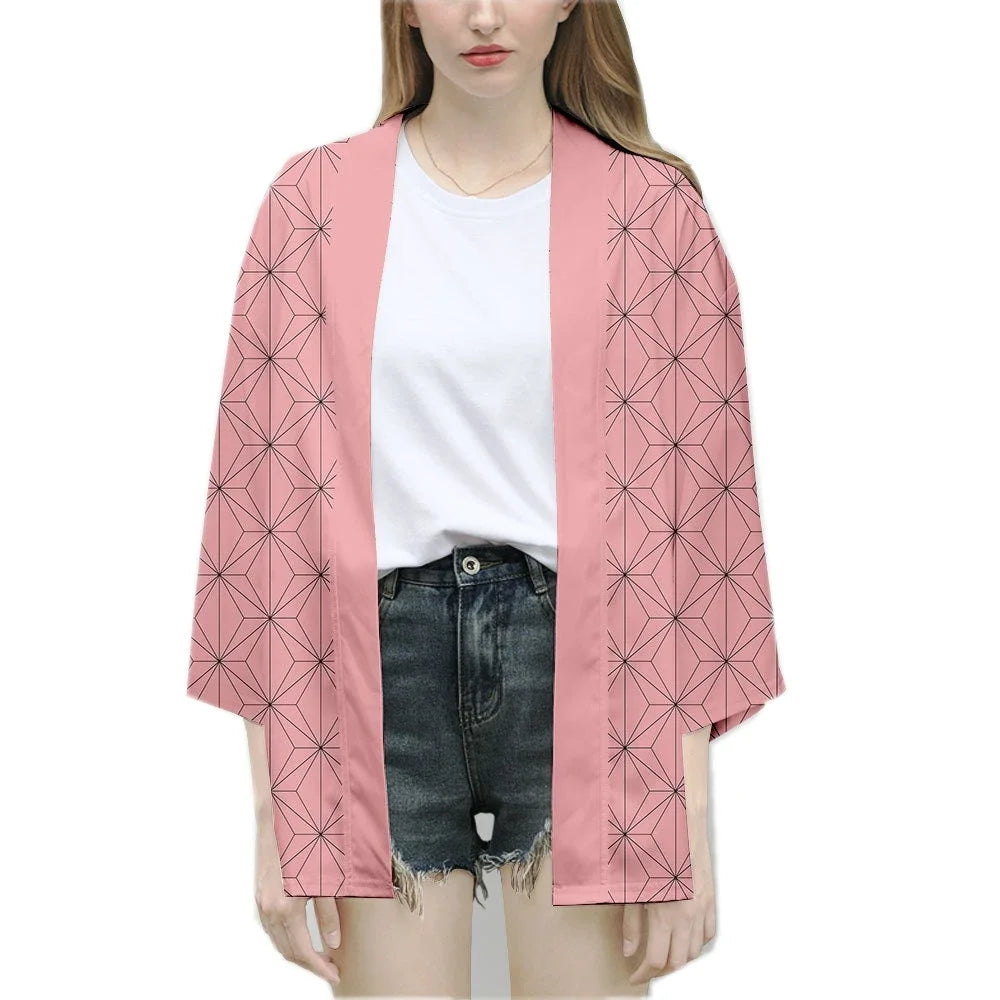 Anime Characters Kamado Tanjirou Cosplay Costume Pink Kamade Zezeko Kimono for Mens Women Summer Japanese Haori Kimono for Beach