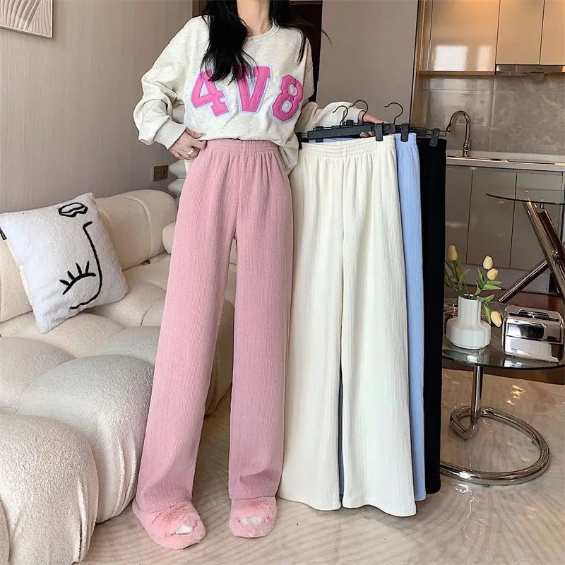 Women Autumn Winter Wide-Leg Pants High-Waist Casual Drape Loose Straight Pants Fleece Elastic Waist Fashion Mopping Pants