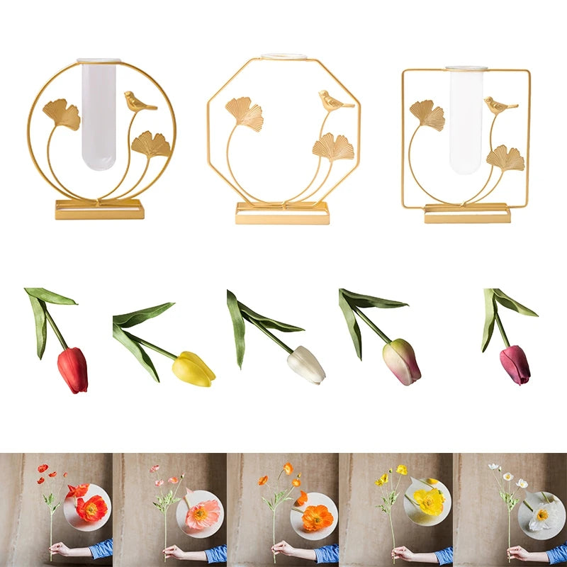 Nordic Golden Glass Test Tube Flower Vase with Flowers Hydroponic Plant Flower Pots Decoration Dried Flower Arrangement Home Dec