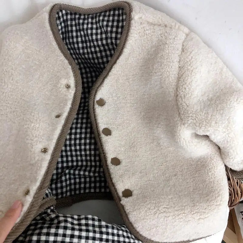 New Children's Plaid Plush Coat Autumn and Winter New Warm Coat Children on Both Sides Wear Coat Boy's and Girls' Clothing